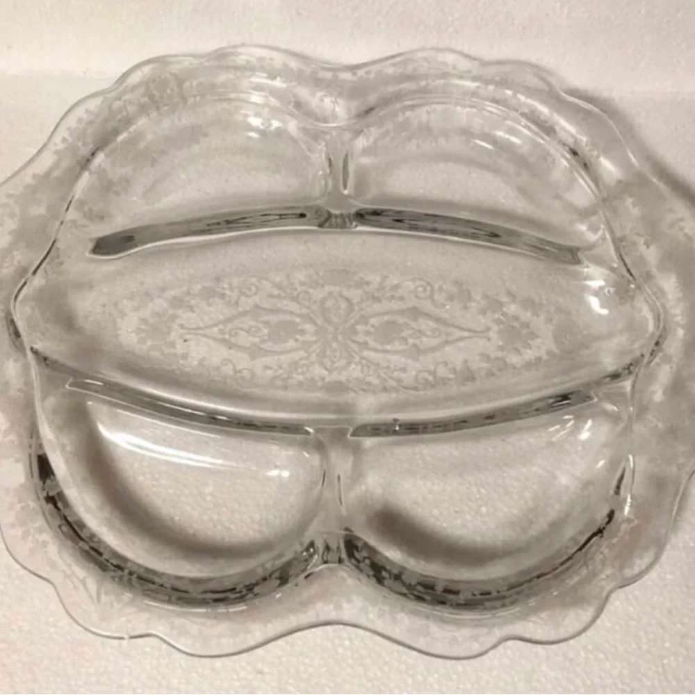 Vintage Cambridge Rose Point Relish Dish 5 Part Divided Etched Glass 1930s